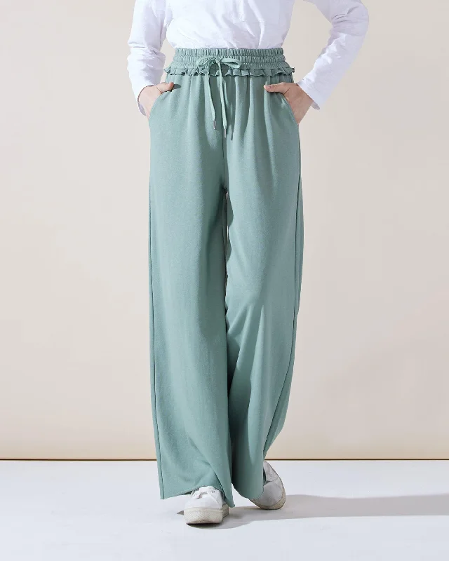 Wide Leg Sweatpants with Ruffle Detail - Mint Green