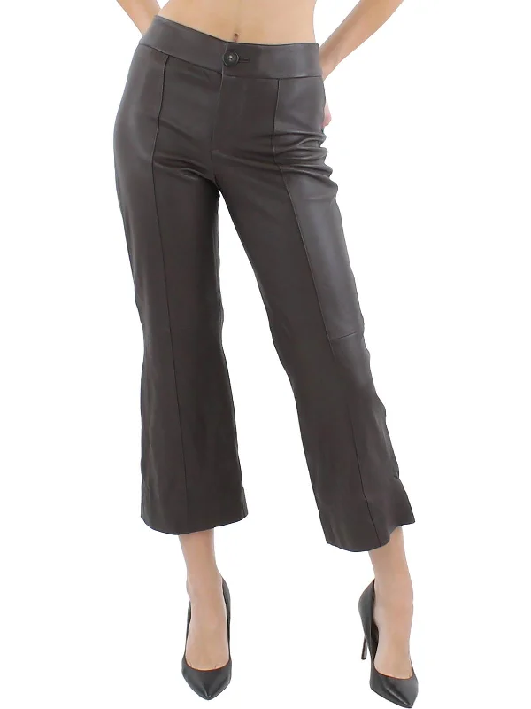 Womens Lambskin Leather Ankle Flared Pants